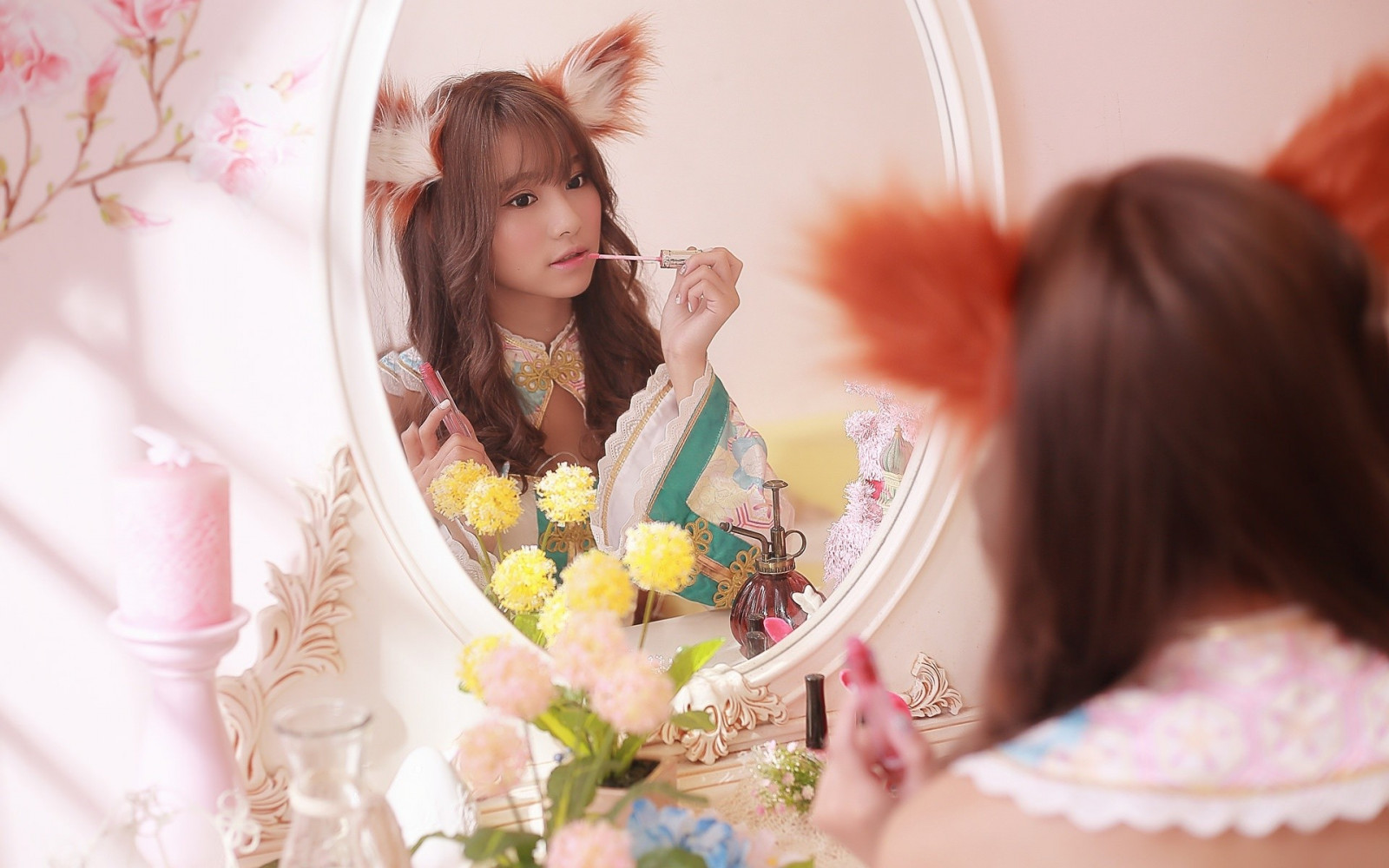 ženy, model, asijský, fotografování, šaty, zrcadlo, růžový, jaro, oblečení, květ, krása, žena, nevěsta, kostým, sladkost
