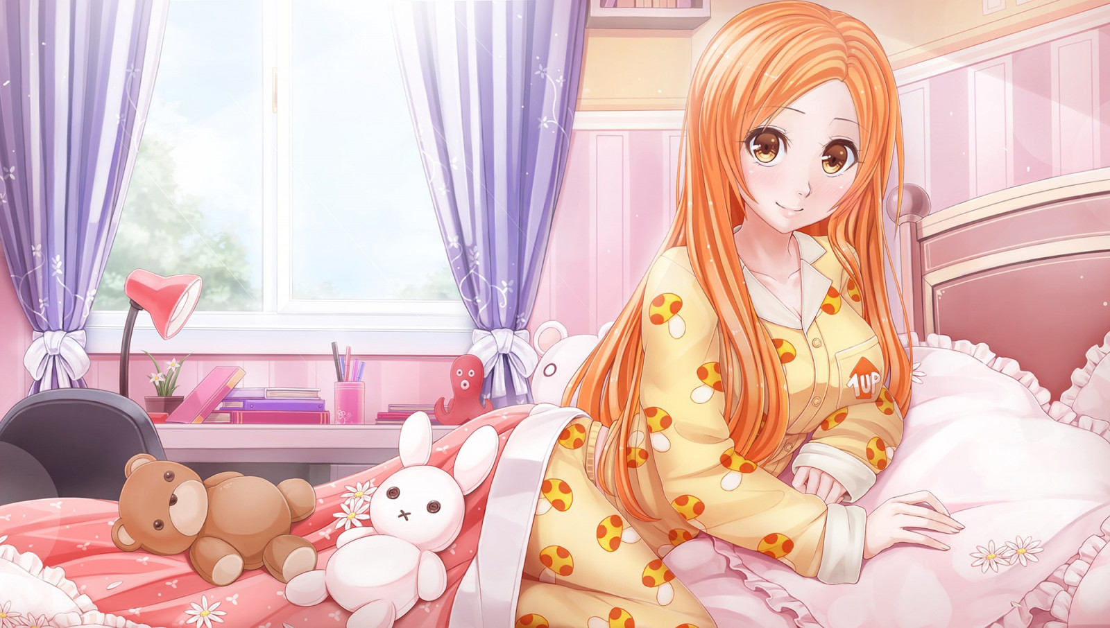Wallpaper redhead, long hair, anime girls, bed, teddy bears, books
