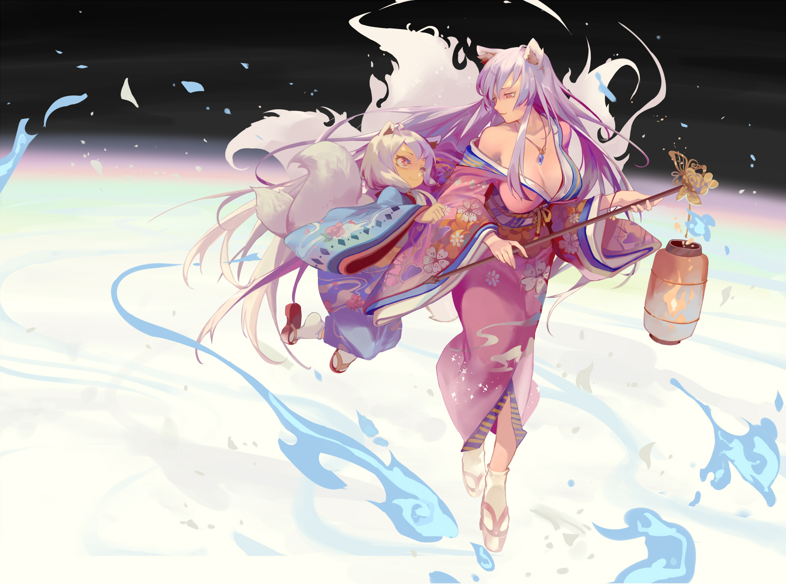 zvířecí uši, kimono, japonské oblečení, dlouhé vlasy, loli, ocas