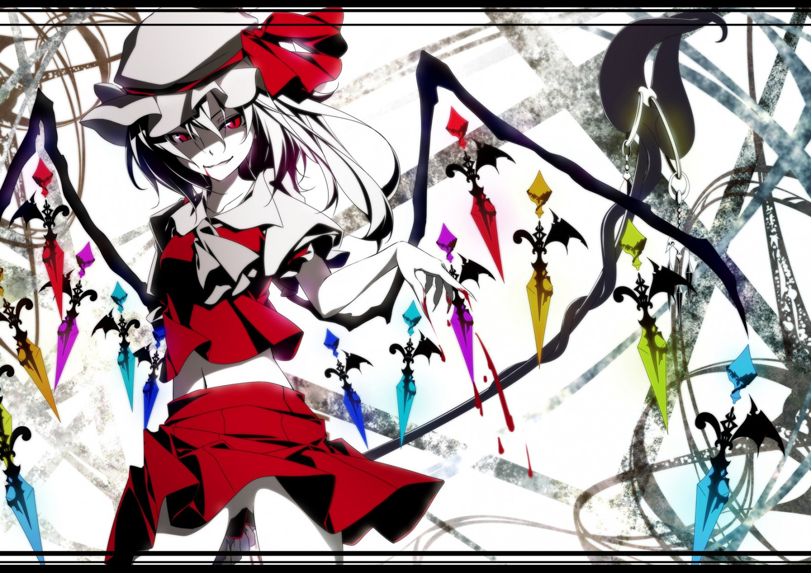 animeflickor, touhou, kjol, Flandre Scarlet, enkel bakgrund, vingar, blod, vampyrer