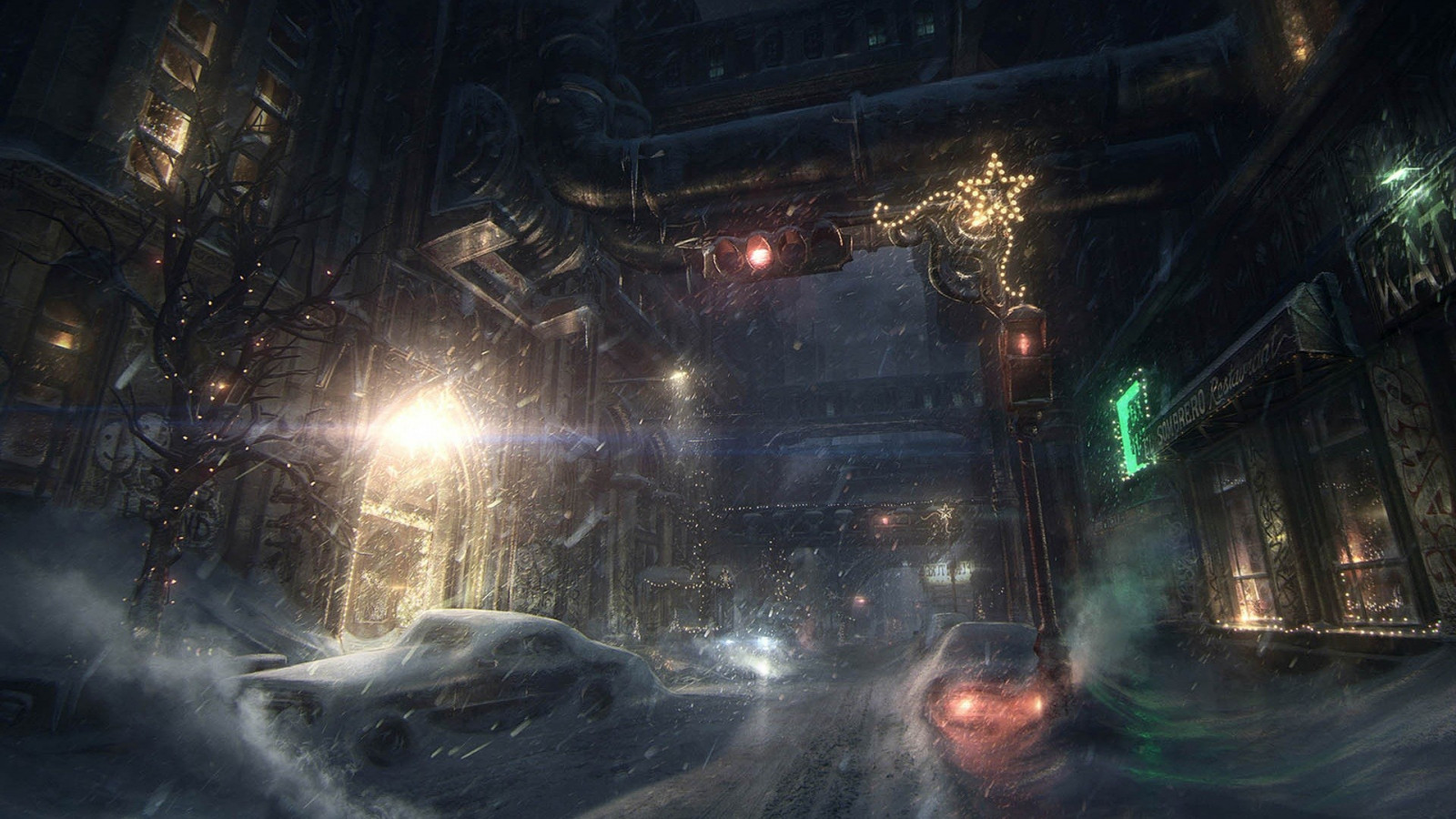 město, noc, sníh, zima, umělecká díla, půlnoc, tma, hry, Snímek obrazovky, počítač tapeta, zvláštní efekty, pc hry