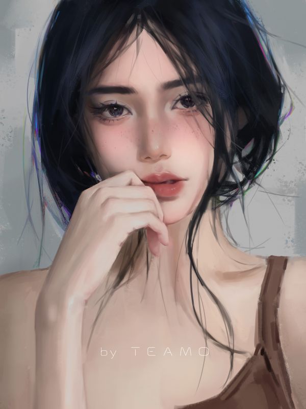 artwork,white background,black eyes,Teamo,Asian,portrait display