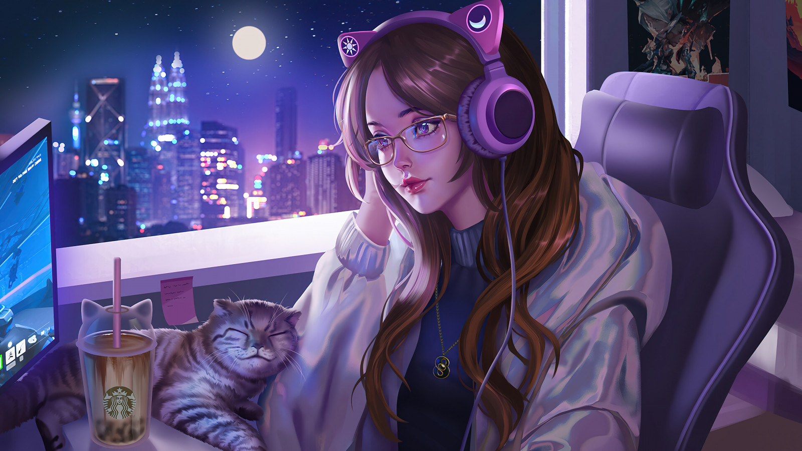 Wallpaper anime girls, cats, headphones 3840x2160 HeroineGirls2020