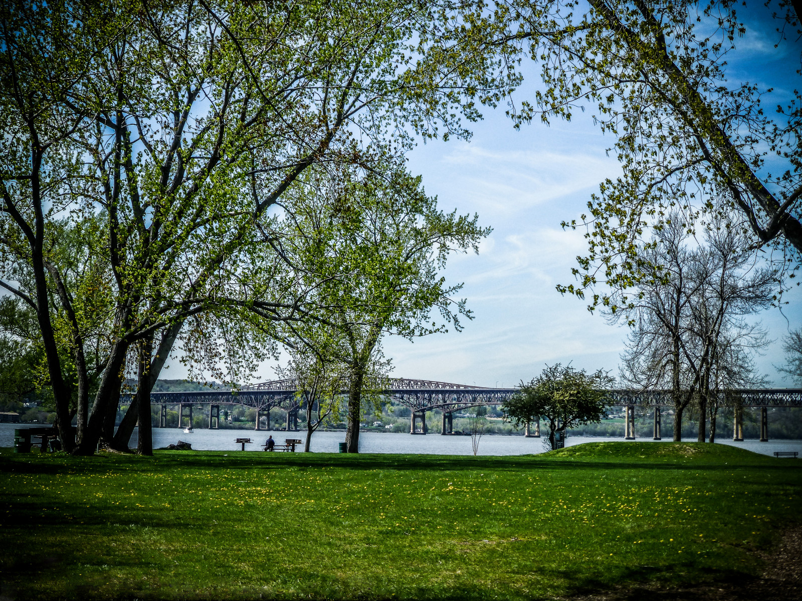 listy, Hamiltonfishnewburgh beaconbridge, stromy, konzola, Newburgh maják, Hudson, scénický, scenérie, nábřeží, voda, waterscape, Beaconnewyorkriverfront, most, park, břeh řeky, nábřeží, Peteandtoshiseegerriverfrontpark, jaro, klidný