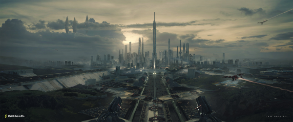 water,city,science fiction,high tech,clouds,skyscraper
