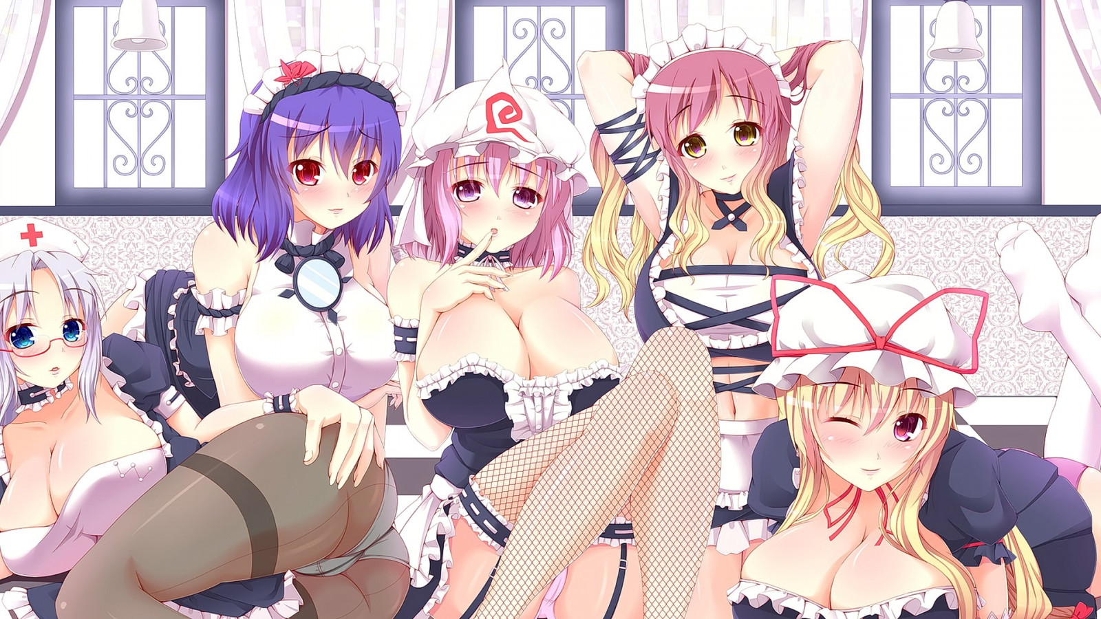 ilustrace, blondýnka, anime, anime dívky, modré oči, osel, při pohledu na diváka, čepice, Touhou, velká prsa, kreslená pohádka, červené oči, mrkat, kalhotky, komiks, spodní prádlo, Saigyouji Yuyuko, Yagokoro Eirin, Yakumo Yukari, Hijiri Byakuren, Yasaka Kanako, mangaka