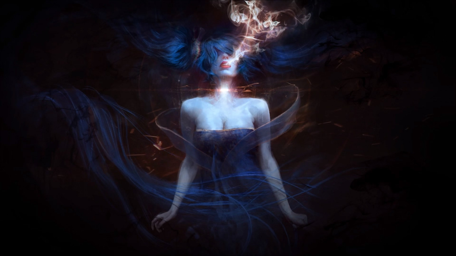 Sona League of Legends, plamen, tma, Snímek obrazovky, počítač tapeta, fiktivní postava, zvláštní efekty