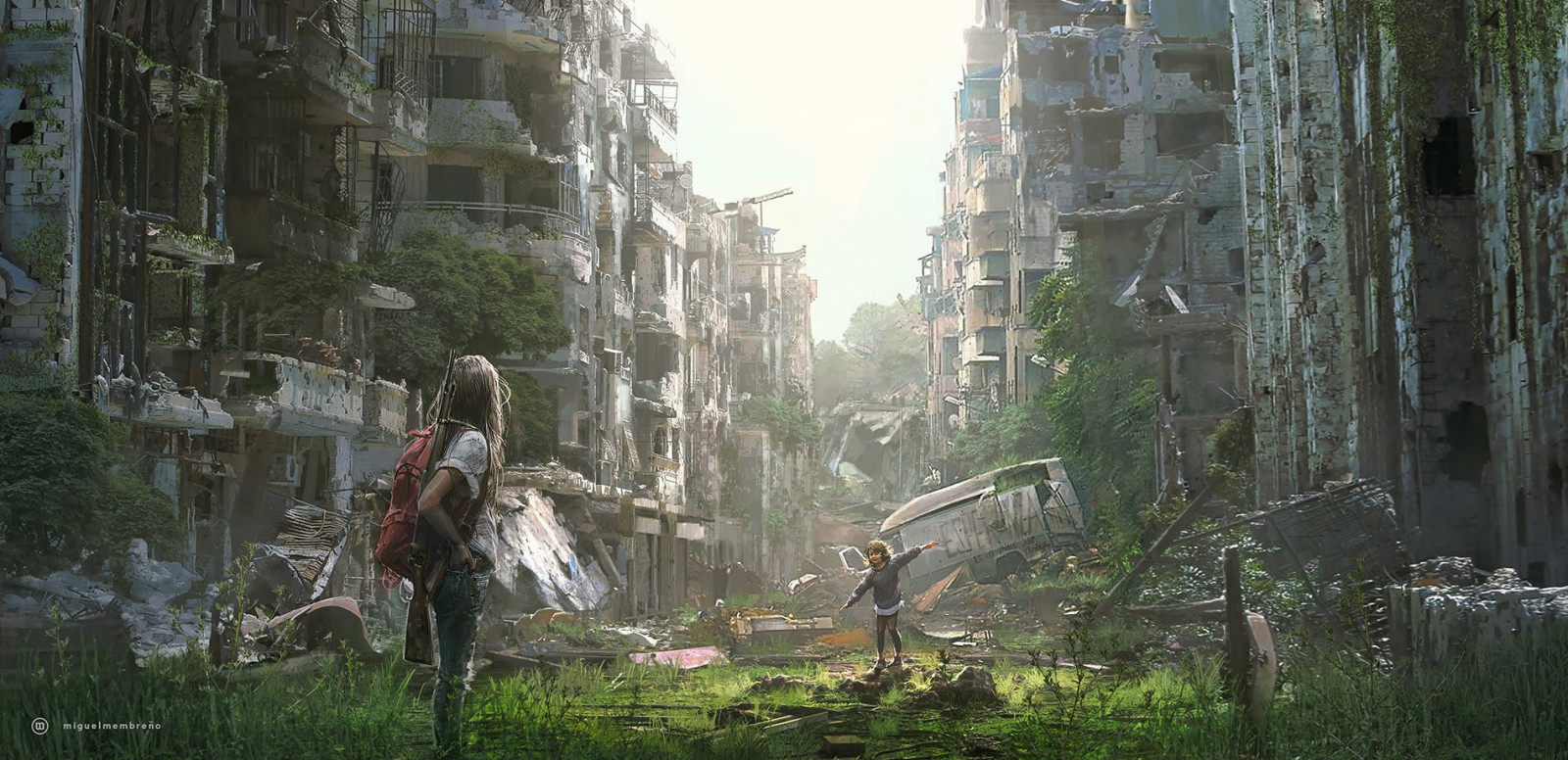 illustration, by, Kvinder, børn, ødelæggelse, krig, futuristisk, fan kunst, Miguel Membre o