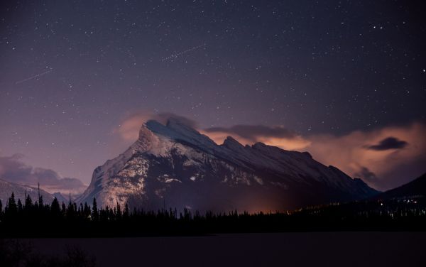 mountains,snowy peak,stars,clouds,night,forest