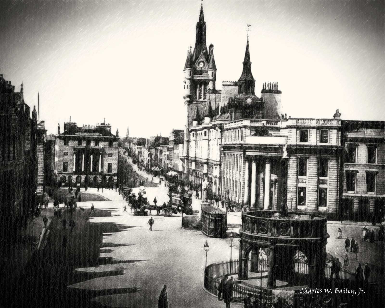 výkres, černobílý, ulice, panoráma města, fotografování, Skotsko, dějiny, kůže, dřevěné uhlí, metropole, Aberdeen, UMĚNÍ, expozice, detail, tvar, fotografie, 3, Topas, mezník, prasknutí, urban area, vodní, Černý a bílý, monochromatické fotografování, mimozemšťan, brushesandpixels, upravit, Castlegate, FotoSketcher