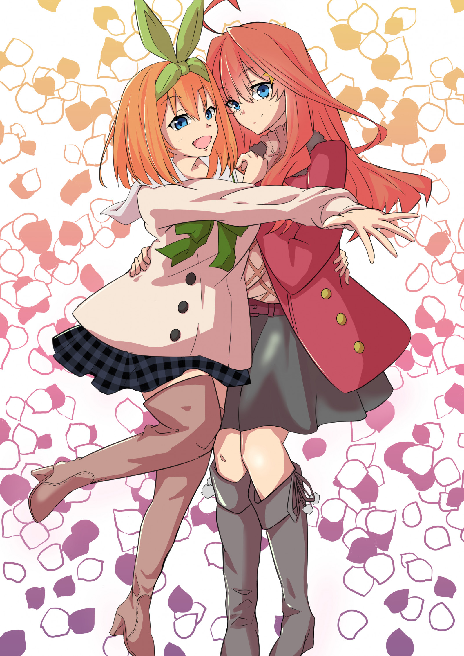 anime, anime dievčatá, 5 toubun no Hanayome, Nakano Itsuki, Nakano Yotsuba, dlhé vlasy, krátke vlasy, ryšavý, dvojčatá, two women, umelecké diela, digital art, fan art