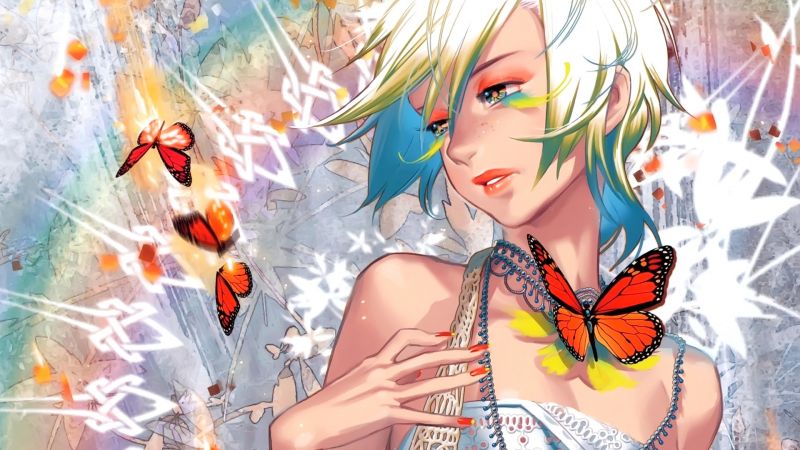 illustration, anime, anime girls, looking away, short hair, butterfly illustration, anime, anime girls, looking away, short hair, butterfly