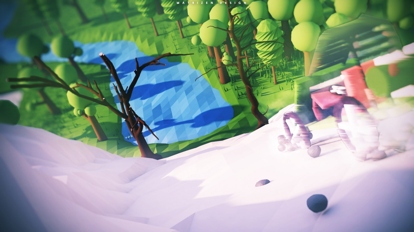 stromy, hory, digitální umění, voda, 3D, sníh, vozidlo, nízká poly, zelená, modrý, řeka, mrtvé stromy, Lowrider, barva, list, květ, počítač tapeta, makro fotografie