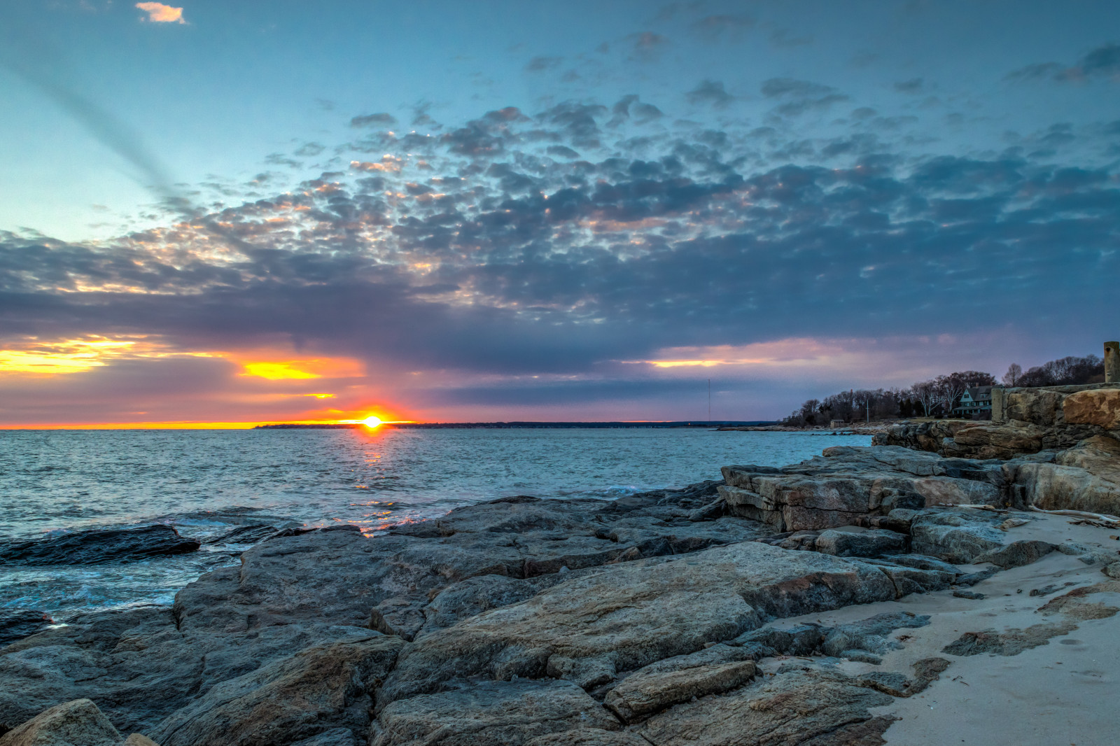 oceán, zima, nebe, přímořská krajina, odraz, pláž, Skála, mraky, odrazy, geotagged, večer, Nikon, skály, Spojené státy, Connecticut, pobřeží, pobřeží, HDR, Waterford, nikond5300