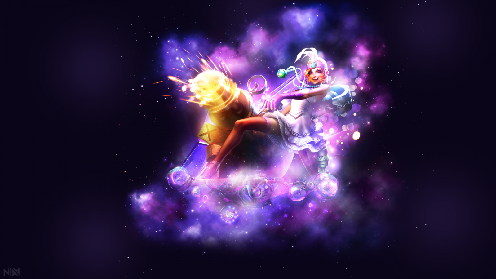 ilustrace, galaxie, prostor, League of Legends, mlhovina, pobočník, Jinx League of Legends, vesmír, Mafie, Střelec, Snímek obrazovky, počítač tapeta, zvláštní efekty, vesmír, astronomický objekt