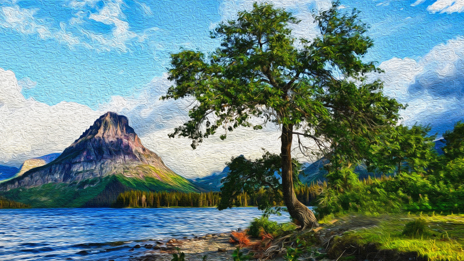 pegunungan, pohon, danau, lukisan