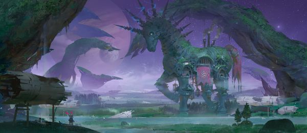 digital art,fantasy art,3 LY Studio,landscape,trees,machine