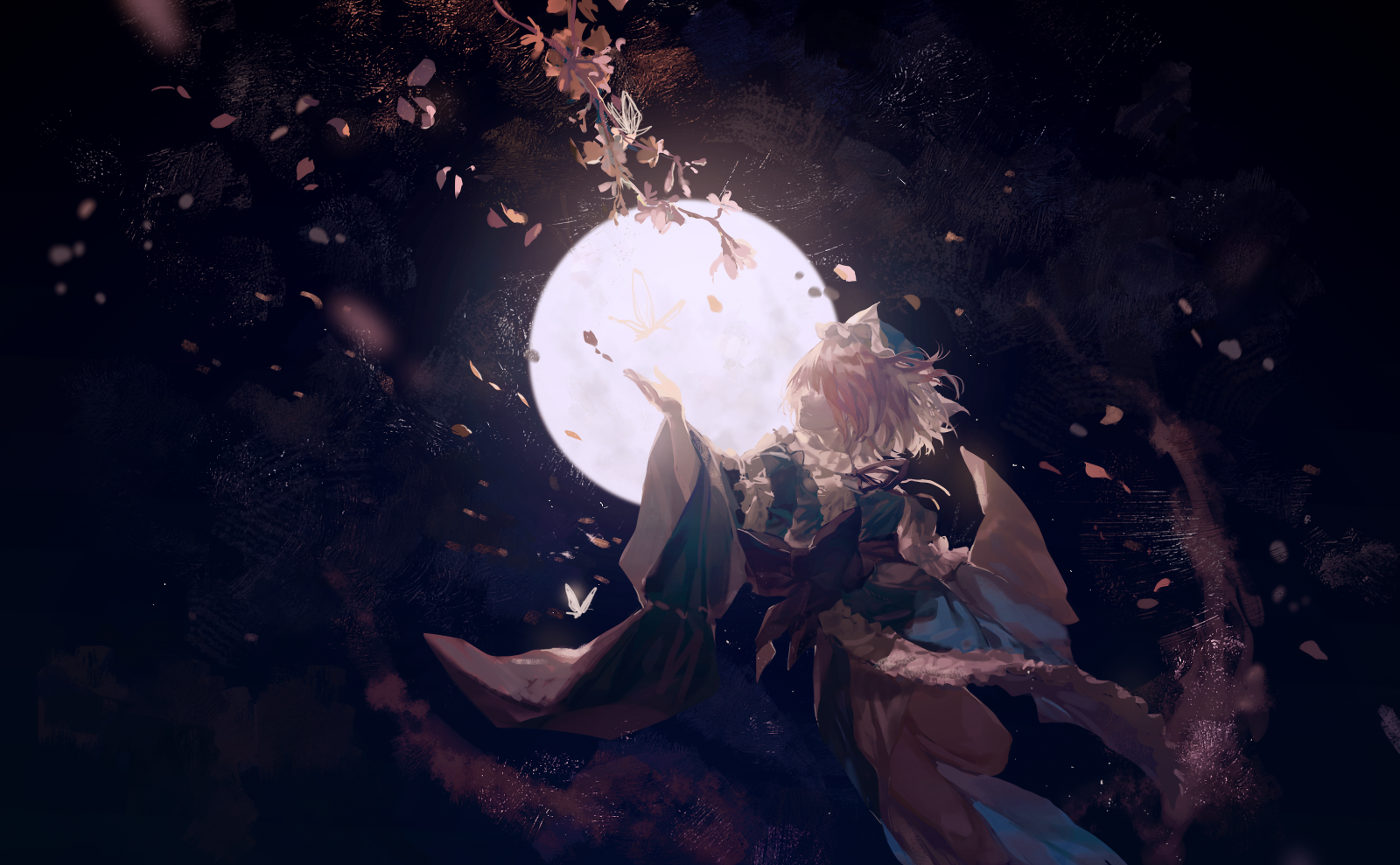 Anime, Anime Mädchen, Touhou, Mond, Blumenblätter, Kimono, Sakura-Baum, Schmetterling, kurzes Haar, pinkes Haar, Dunkler hintergrund