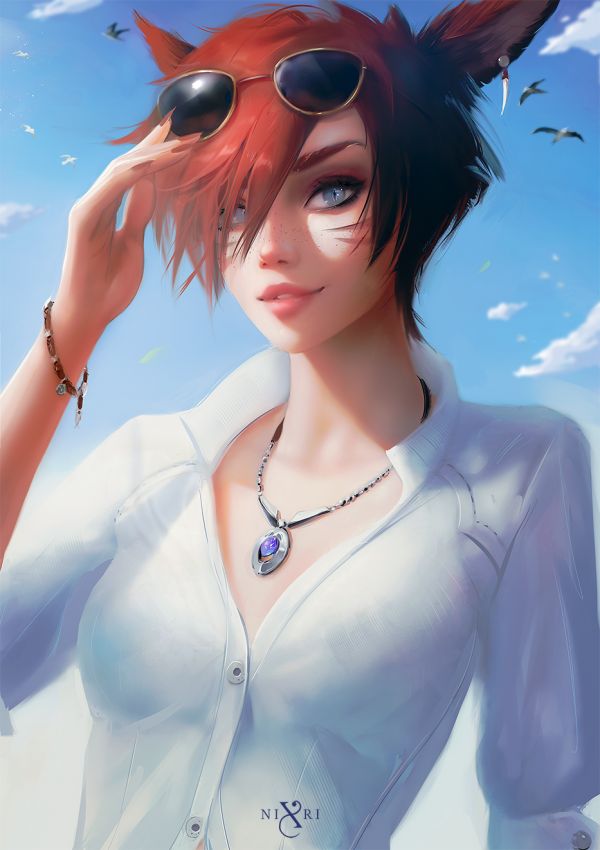 Nixri, drawing, women, Final Fantasy, redhead, sunglasses