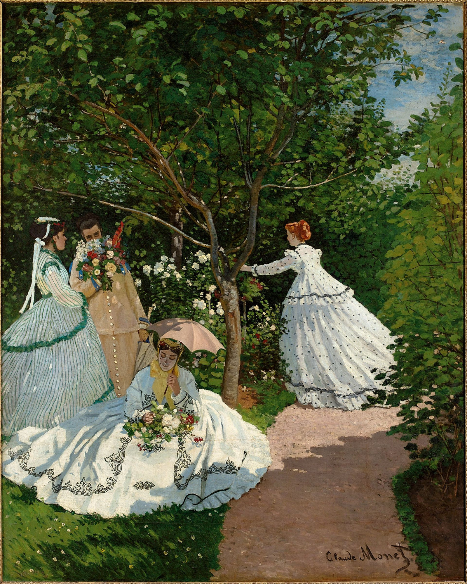จิตรกรรม, งานศิลปะ, แต่งตัว, ภาพสีน้ำมัน, Claude Monet, Femmes au jardin, ดอกไม้, ผู้หญิง, แต่งงาน, เจ้าสาว, ชุดราตรี, ป่าไม้