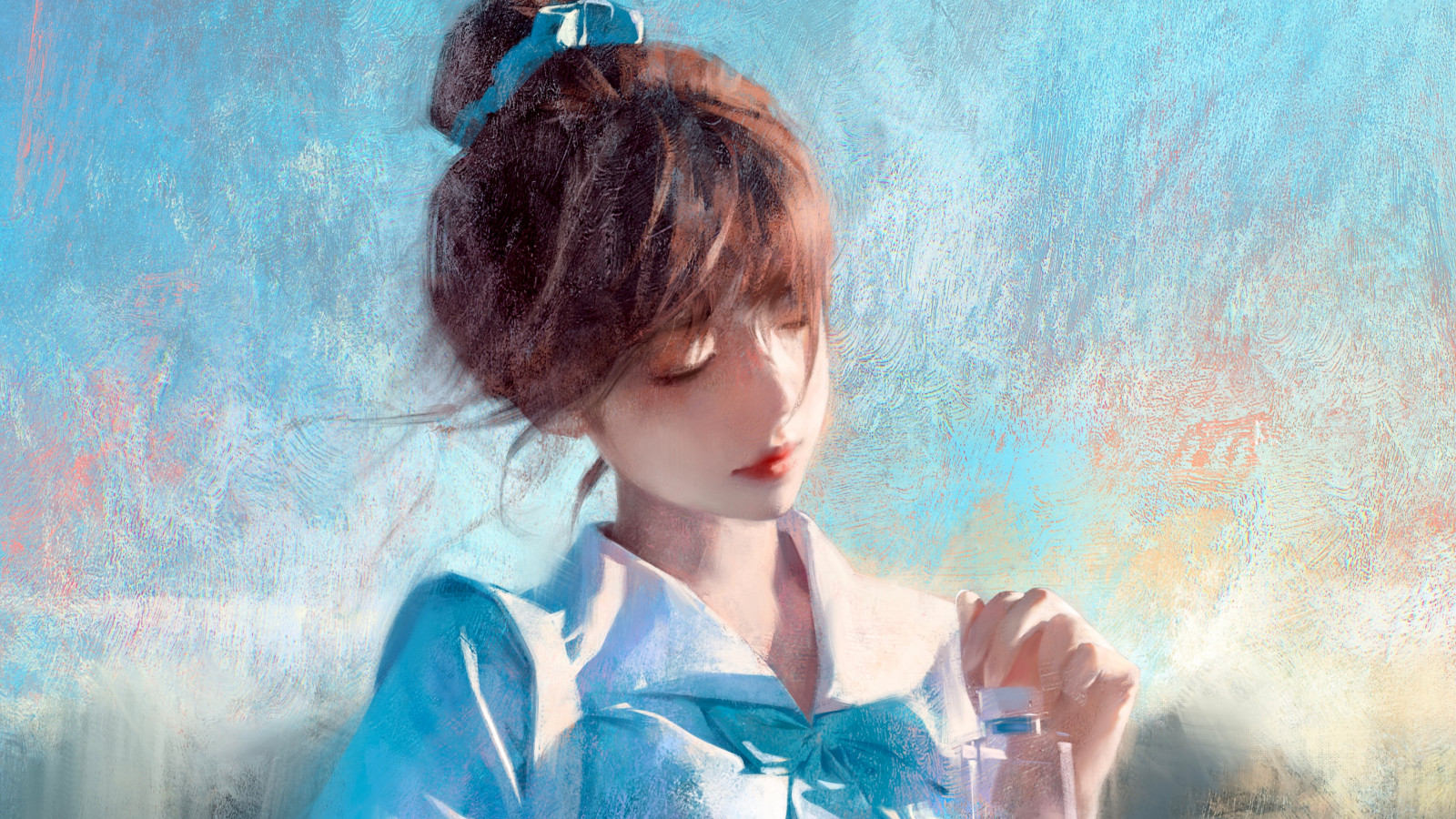 Wallpaper : uniform, closed eyes, water bottle, brunette, Thick