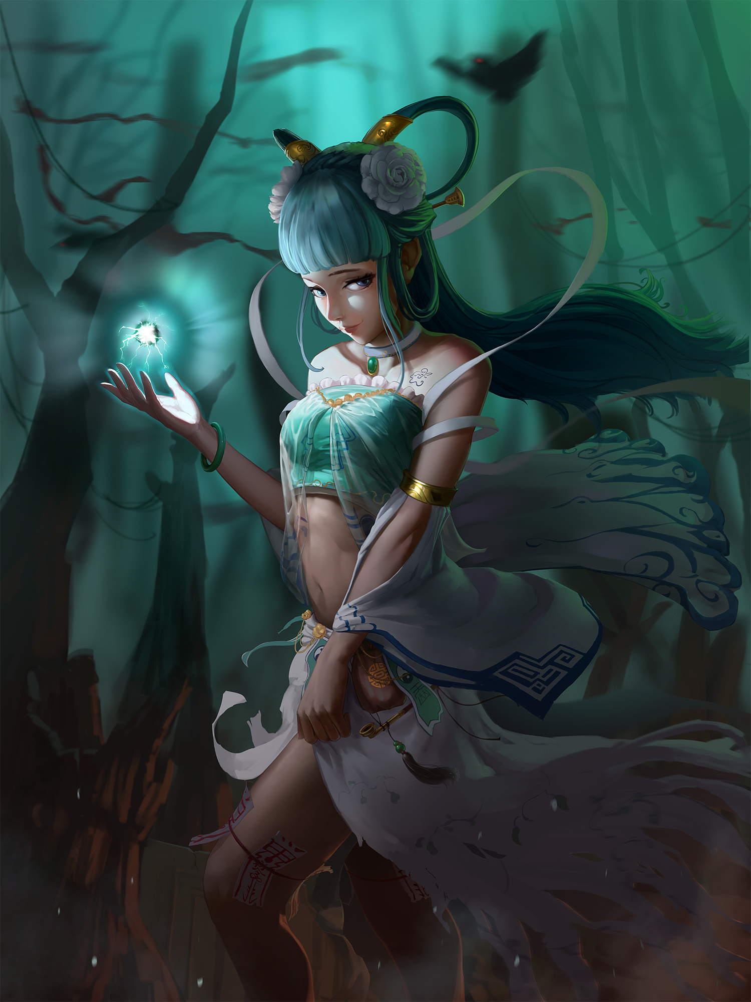 les, ilustrace, dlouhé vlasy, anime, anime dívky, modré oči, aqua hair, Osoba, mytologie, Snímek obrazovky, fiktivní postava, žena bojovník