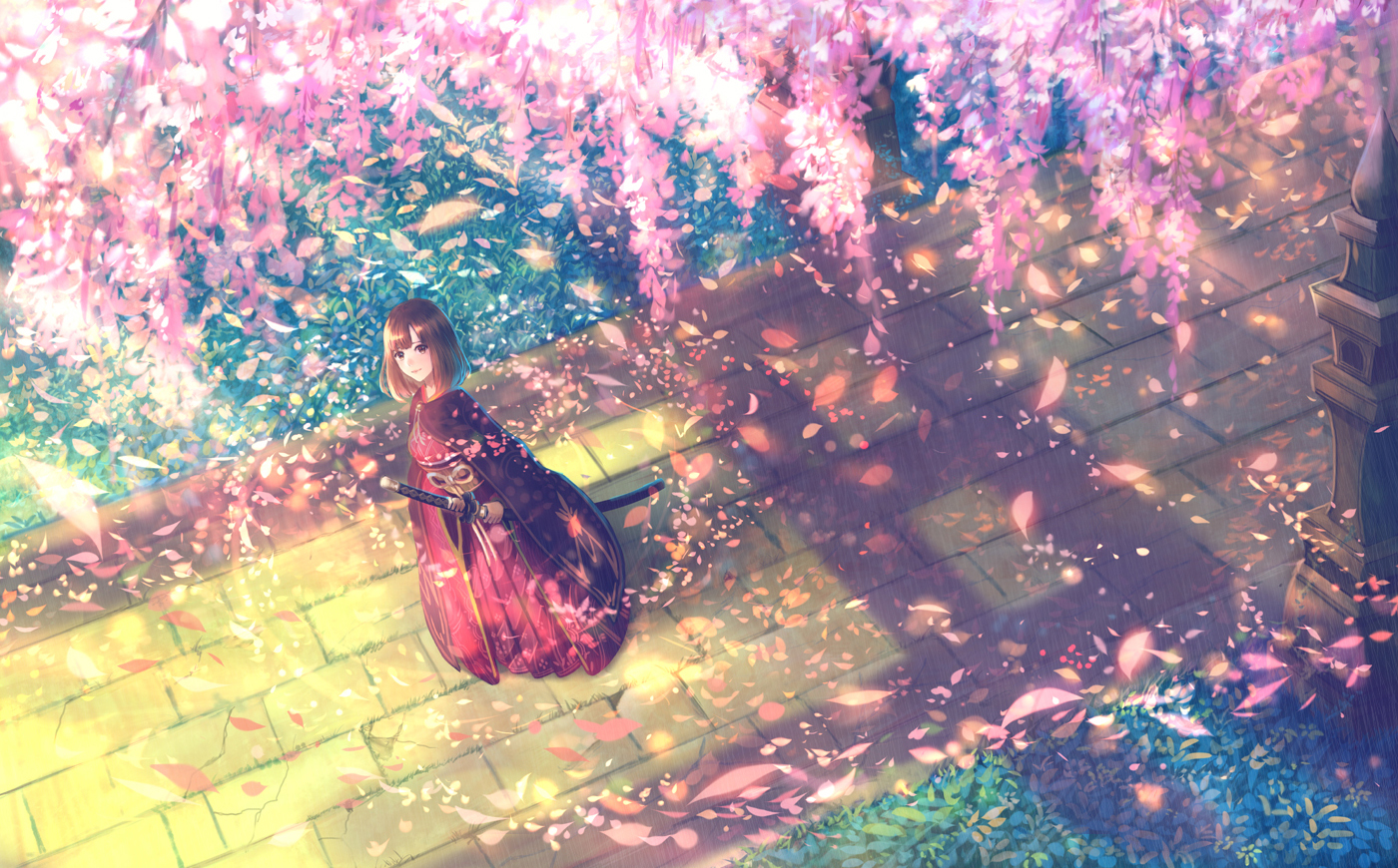 Wallpaper : gadis anime, karakter asli, bunga-bunga, pedang 1400x870 ...