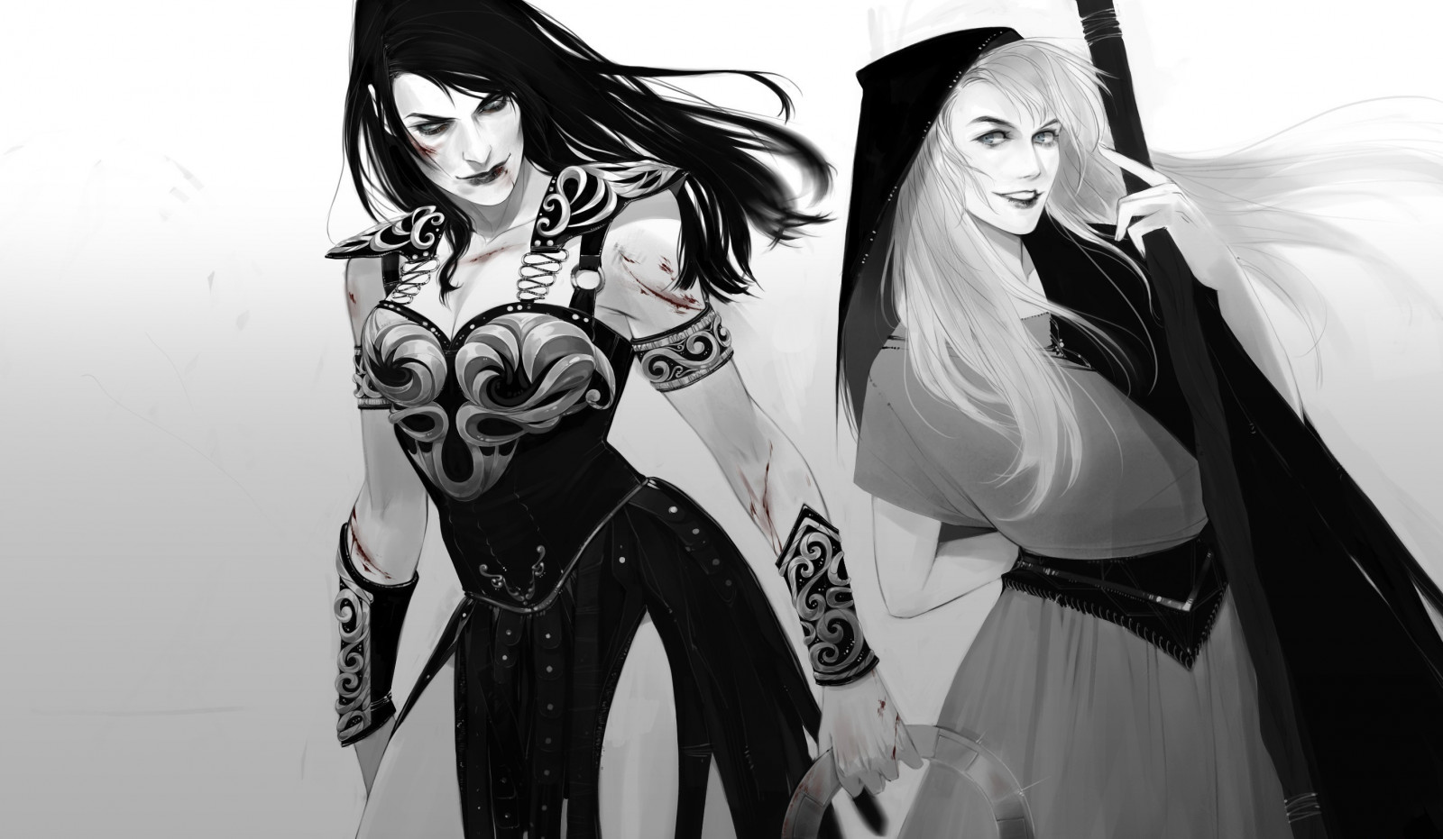 Černá, ilustrace, černobílý, fantasy umění, anime, Xena Warrior princezna, oblečení, kostým, Černý a bílý, monochromatické fotografování, goth subkultury