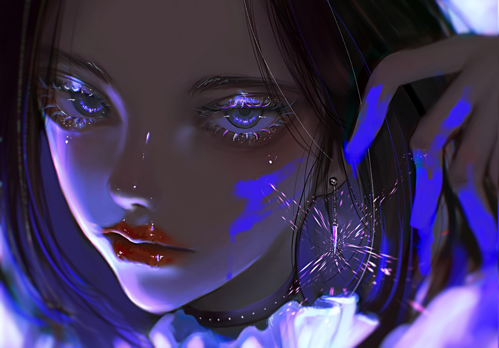 Digital kunst, kunstværk, illustration, Kvinder, ansigt, tæt på, rød læbestift, ørering, Kigger på seeren, choker, mørkt hår, kort hår