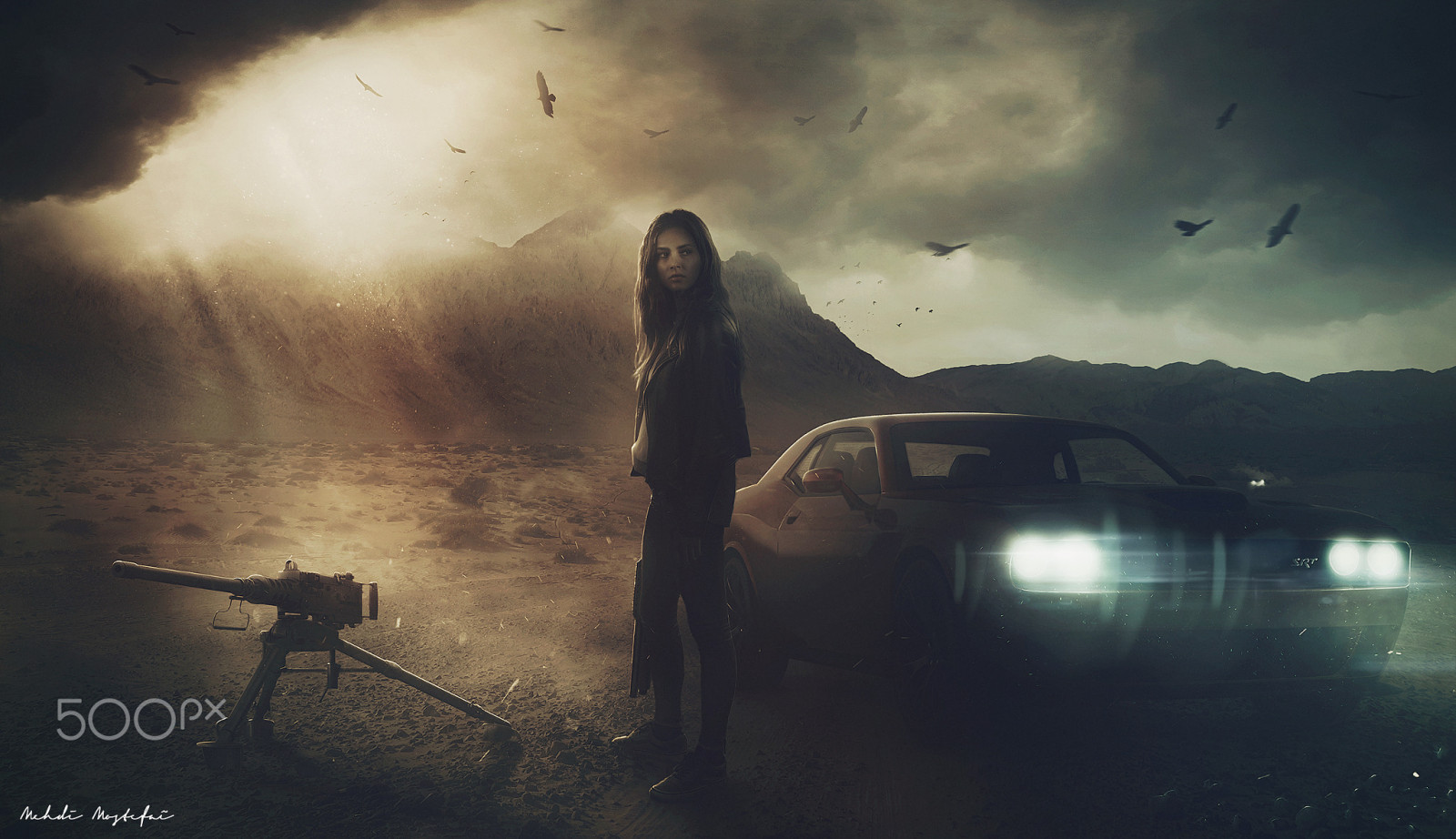 Digital kunst, Kvinder, 500px, Mehdi Mostefa, mørk, himmel, våben, bil, Browning M2