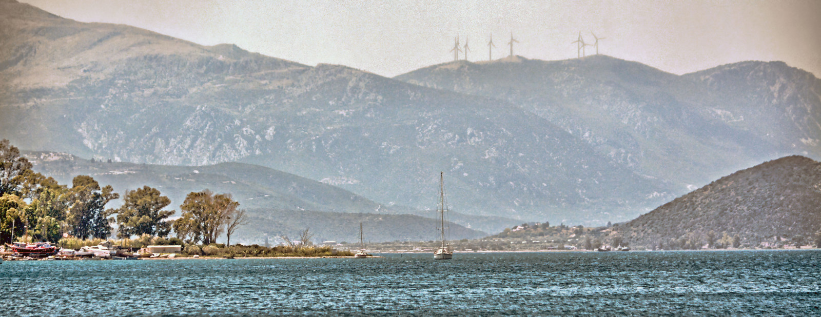 panoráma, hory, voda, ostrov, Řecko, Poros, sailingships