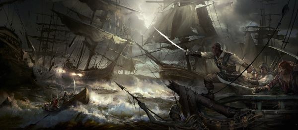 fantasy art,artwork,ocean battle,darkness,screenshot,ghost ship