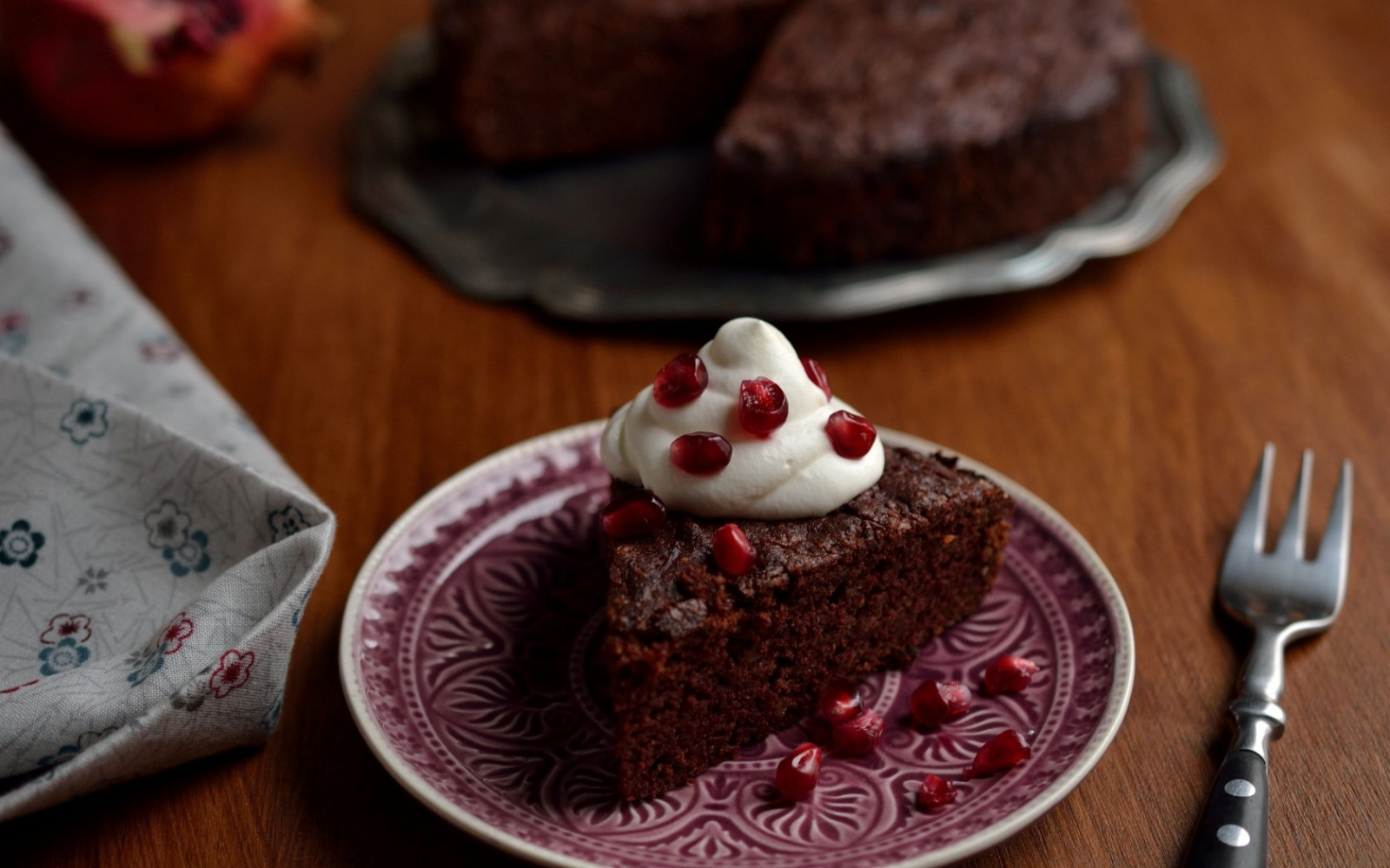 Wallpaper : food, Plate, dessert, chocolate cake, tart, pomegranate