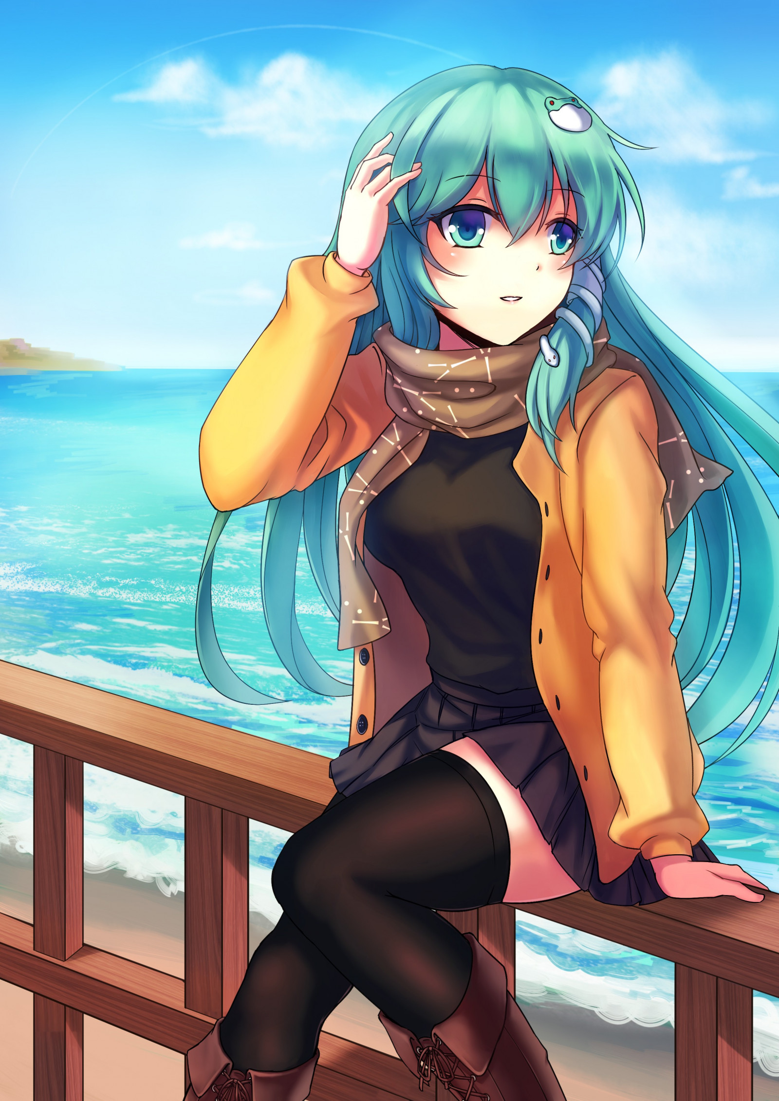 ilustrace, anime, anime dívky, Touhou, kreslená pohádka, černé vlasy, Kochiya Sanae, komiks, plavky, oblečení