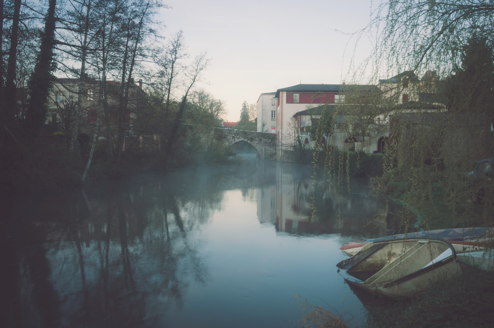 pont, ponte, saintantoine, paysage, waterscape, paesaggio urbano, reflet, riflessione, refletaquatique, architettura, leverdesoleil, Alba, ciel, cielo, batiment, costruzione, Maison, casa, eau, eaudouce, acqua, riviere, fiume, moine, bateau, barca, brigantino a palo, piccola barca, vegetale, vegetazione, arbre, albero, herbe, erba, Clisson, Loira Atlantica, paysdelaloire, Francia, pentax, pentaxart, pentaxk3