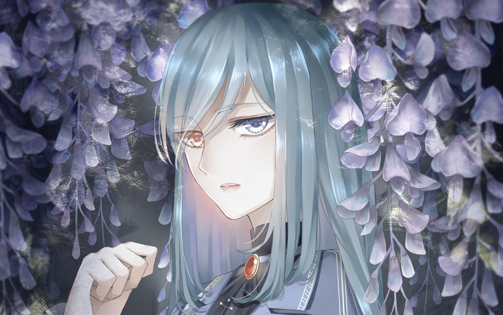 Wallpaper flowers, anime, blue, heterochromia, wisteria, flower, girl