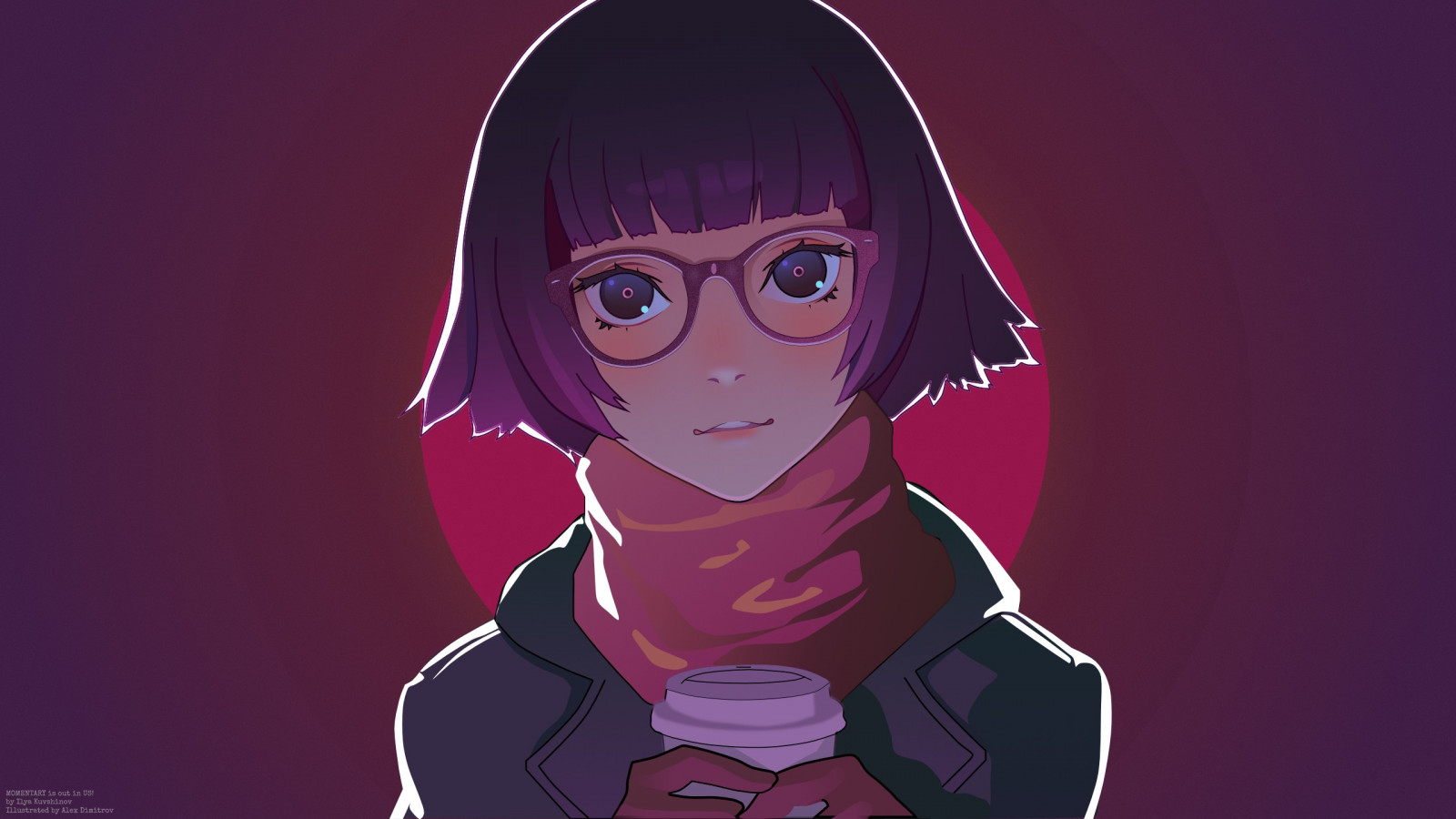 teplý, teplé barvy, anime, ilustrace, výkres, ženy, usmívající se, krátké vlasy, Červené, ženy s brýlemi, brýle, šátek, minimalismus, Ilya Kuvshinov