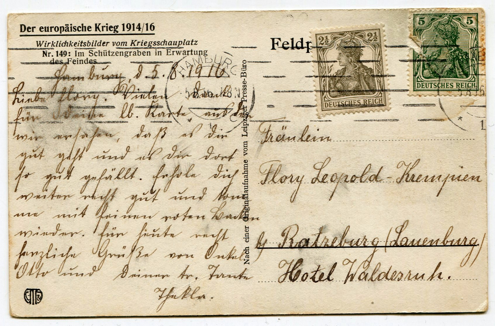 svět, B, Francie, dějiny, Německo, voják, armáda, jeden, hotel, válka, Evropa, známky, strýc, pohlednice, WWI, Hamburg, helma, archiv, bitva, příkop, teta, Němec, Otto, vojáci, poštovní, řemeslník, tante, Onkel, Soldaten, deutsch, válečná, 1916, příkopy, postkarte, leopold, Ratzeburg, Lauenburg, Květiny, Thekla, Pickelhaube, Waldesruh, Feldpost, Krempien, Pickelhelm, Leopoldkrempien