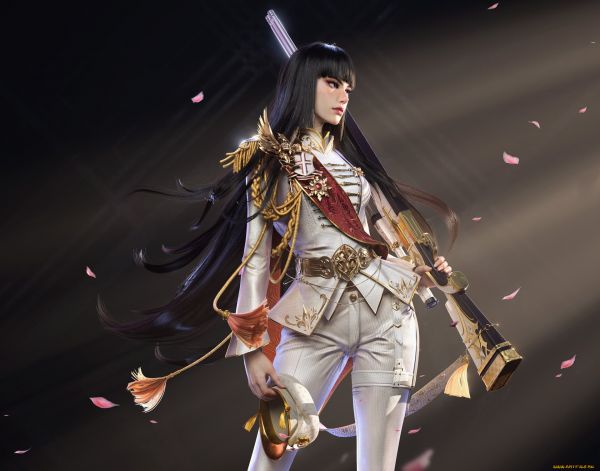 women,artwork,digital art,black hair,long hair,weapon