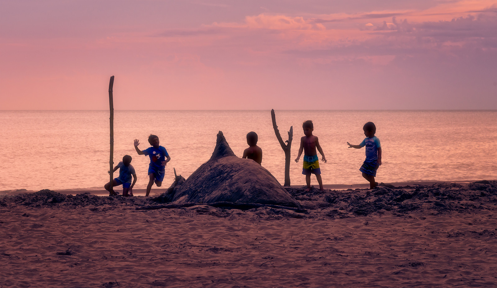 drenge, barn, børn, ung, sjovt, Spille, ritual, haj, sandshark, sand, strand, sommer, aften, solnedgang, Sol, himmel, vand, sø, havnefronten, pol, gruppe, silhuet, dans, skumring, goldenhour, gylden, Sky