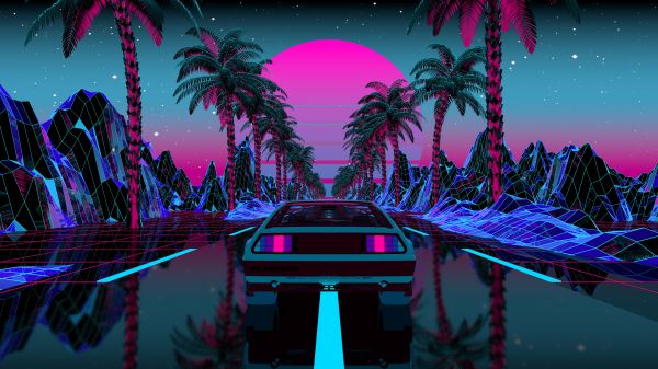 vaporwave, cyberpunk, Synth, synthwave, 4k, palm trees