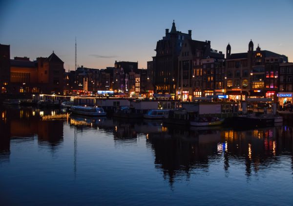 boat, sunset, sea, city, cityscape, night
