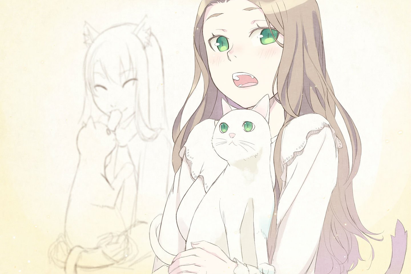 1440x960 px, zvíře, ruměnec, hnědý, kočka, oči, zelená, vlasy, Kimura, dlouho, originál, skica, ocas, ykimu