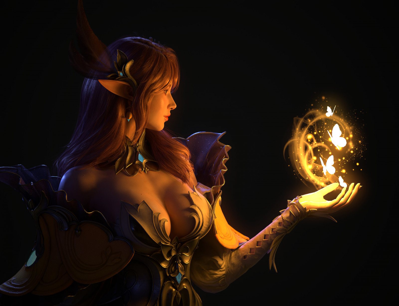 Seoyeon Choi, CGI, ผู้หญิง, สีน้ำตาล, เอลฟ์, แต่งตัว, สะกด, มายากล, มืด, พื้นหลังสีดำ, pointy ears, ความแตกแยก, พื้นหลังที่เรียบง่าย, ความเรียบง่าย, ผีเสื้อ