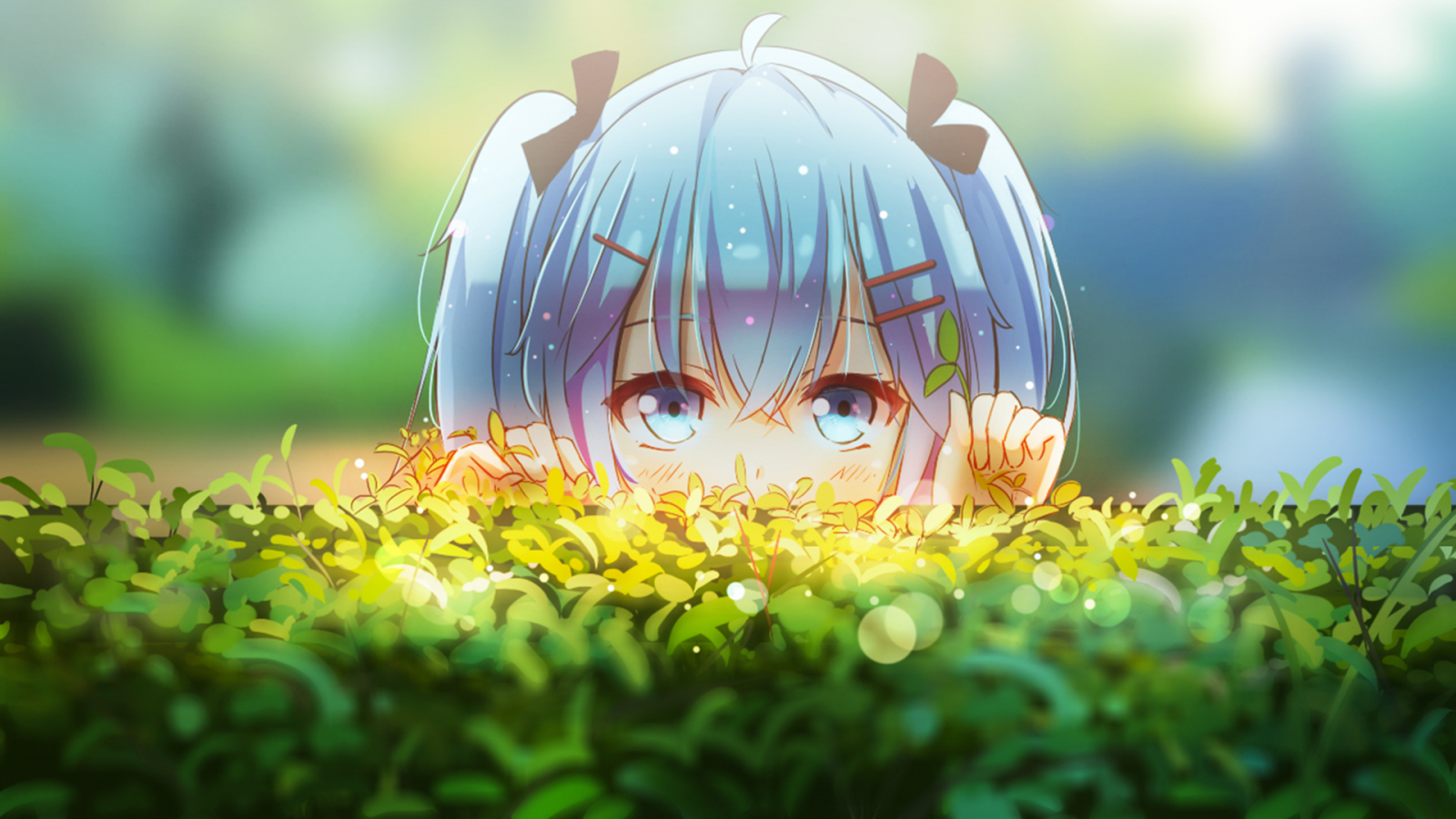slunečnímu záření, anime, anime dívky, Příroda, tráva, manga, zelená, Vocaloid, Hatsune Miku, twintails, bokeh, květ, flóra, louka, Snímek obrazovky, počítač tapeta, makro fotografie