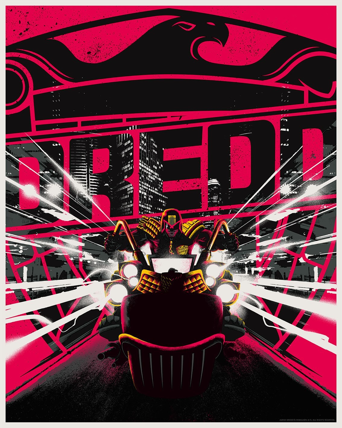 ilustrace, 2000 AD, Judge Dredd, Dredd, Lawmaster, plakát, značka, flyer, reklamní, kryt alba