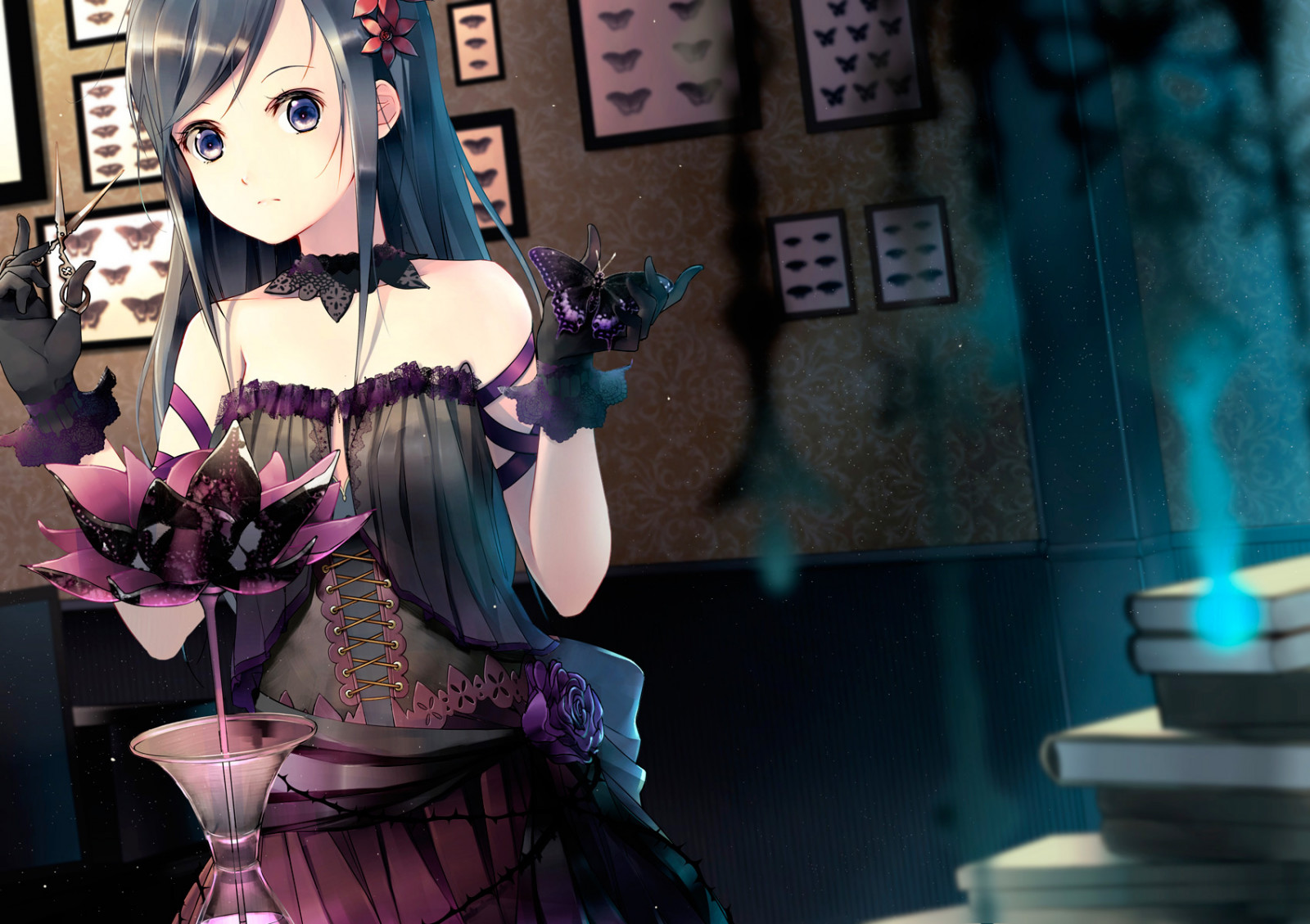 1700x1200 px, black, book, butterfly, dress, flowers, hair, long, original, Ryou, Yoshino