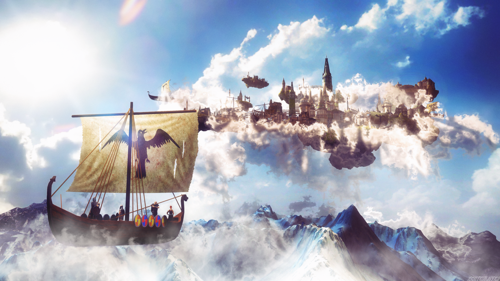 digitální umění, fantasy umění, Příroda, umělecká díla, Scotchlover, Vikingové, plachetnice, hory, floating village, hrad, mraky, věž, mlha