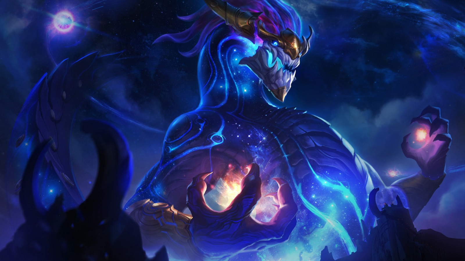 League of Legends, Aurelion Sol, tma, Snímek obrazovky, počítač tapeta, fraktální umění, zvláštní efekty
