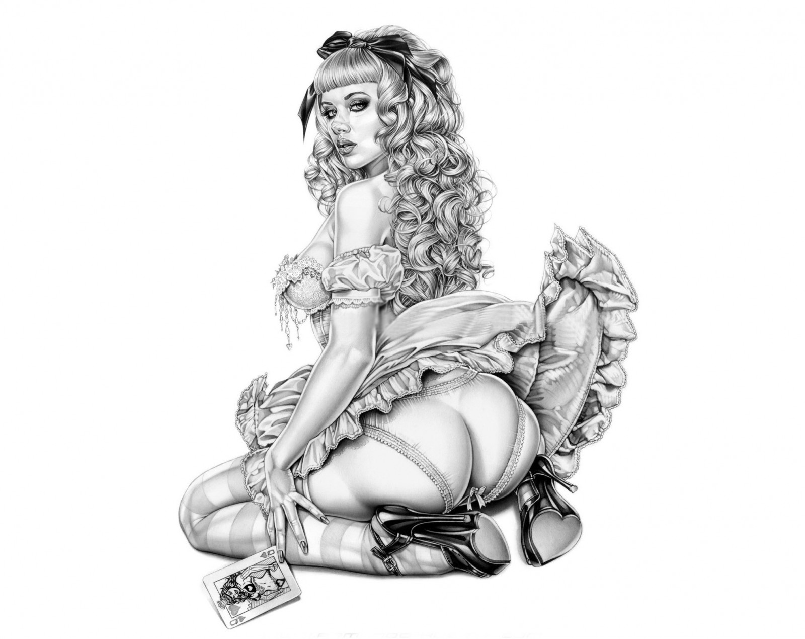 výkres, ilustrace, černobílý, fantasy umění, osel, kresba tužkou, kreslená pohádka, klečící, spodní prádlo, hrací karty, pinup modely, skica, figurka, Černý a bílý, monochromatické fotografování